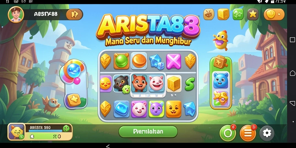 Tangkapan layar ARISTA88 menunjukkan gameplay Match-3 yang seru dan penuh warna.