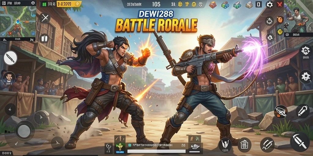 Tangkapan layar DEWI288 menampilkan aksi mendebarkan di medan perang Battle Royale.