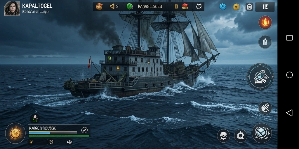 Tangkapan layar gameplay KAPALTOGEL menampilkan suasana mencekam di dunia bawah laut.
