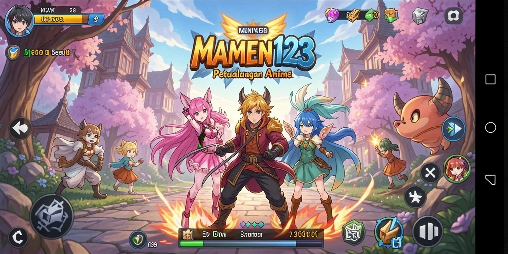 Screenshot gameplay MAMEN123 menampilkan aksi petualangan karakter anime.