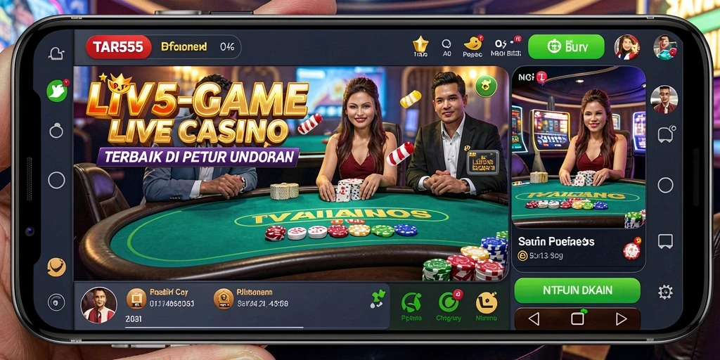 Screenshot gameplay Live Casino TAR555 dengan dealer langsung dan interaksi pemain.